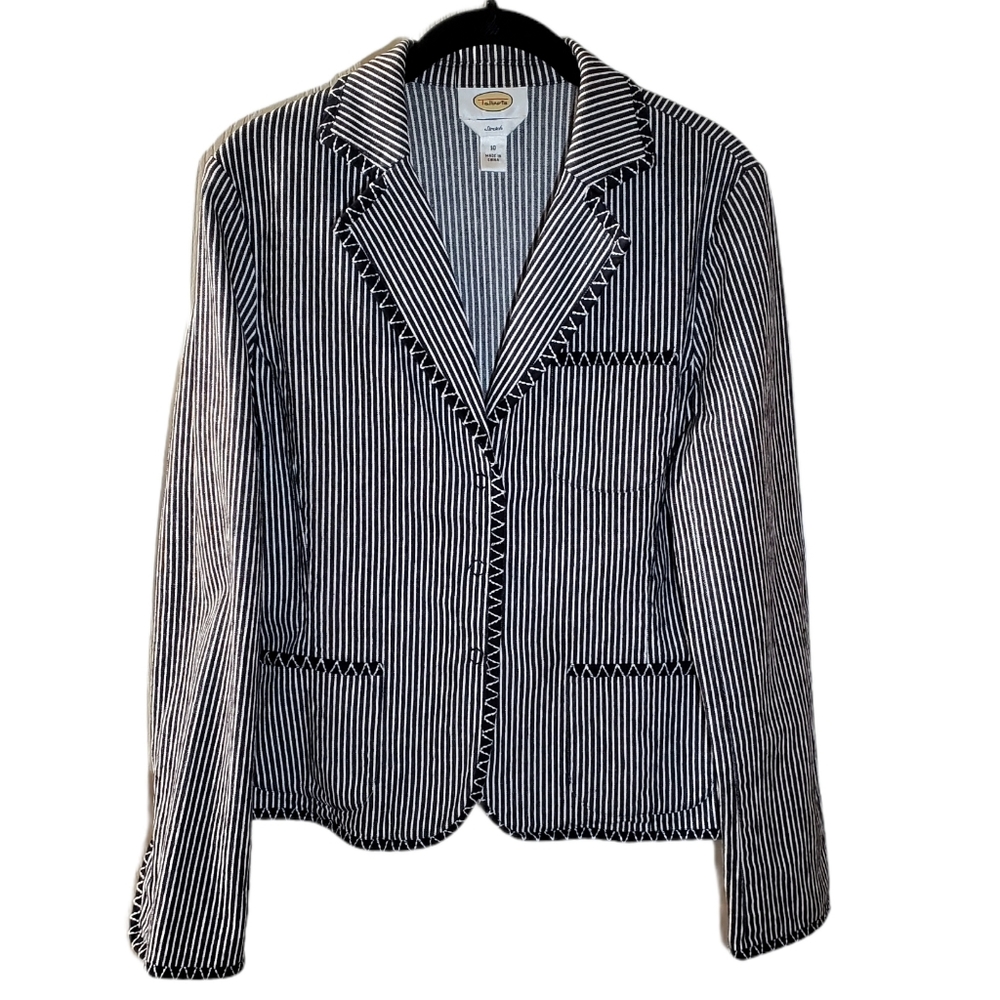 Talbots Black & White Railroad Stripe Denim Blazer Jacket Size 10